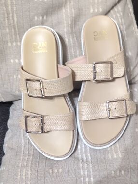 Women's Beige Double-Buckle Slide Sandals with Textured Straps